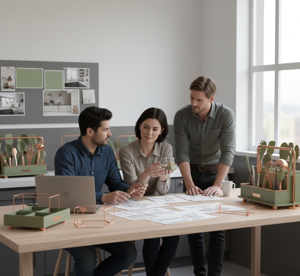 Team working on kitchen organizer designs