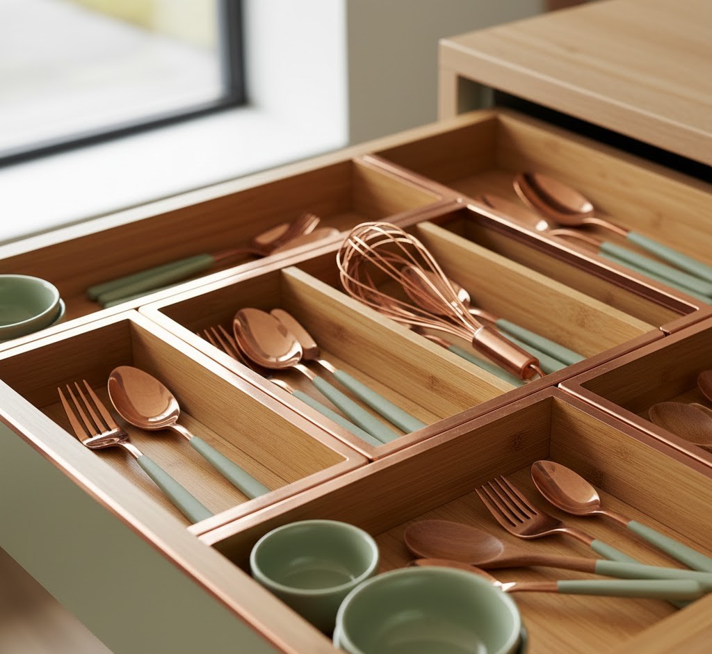 Kitchen drawer organizer with adjustable dividers