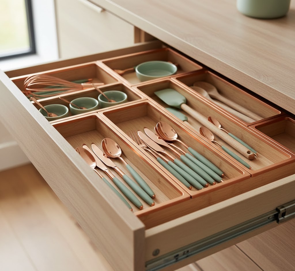 Elegant kitchen drawer organizer with wooden compartments