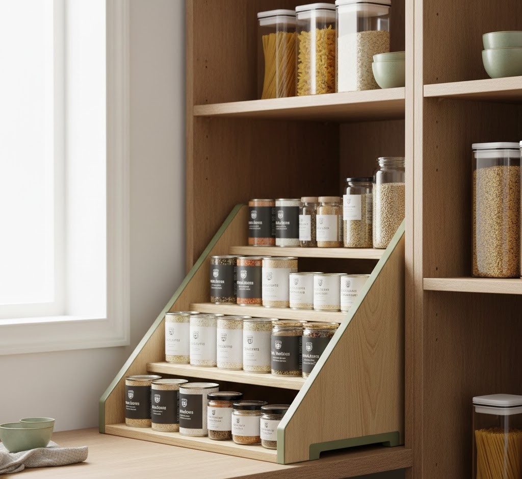 Pantry shelf organizer with multiple tiers