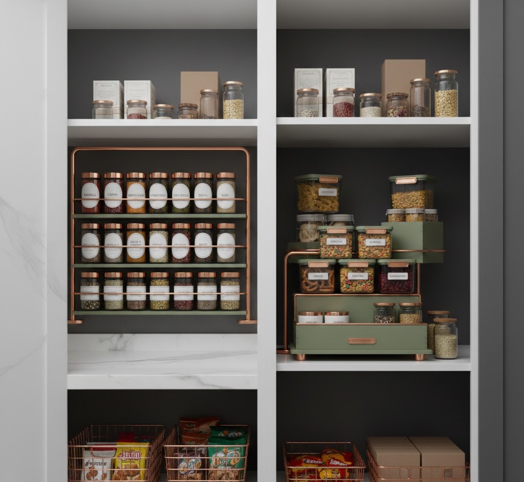Well-organized pantry with labeled containers